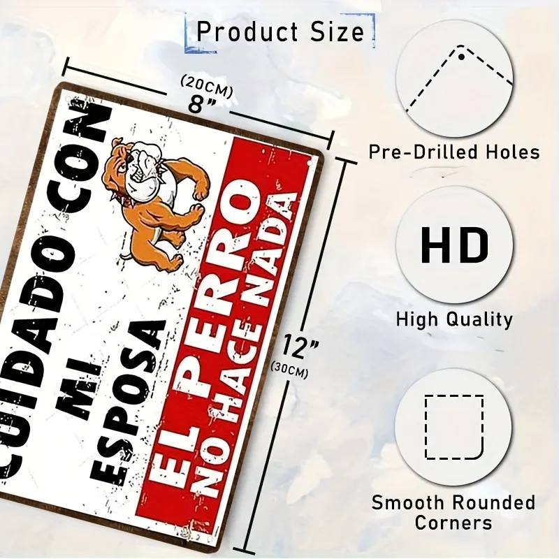 plano 2d, 1 pieza divertido regalo de boda cuidado con mi esposa es un perro nada más placa de metal vintage con bulldog texto español Plano 2D, 1 pieza Divertido regalo de boda - Cuidado con mi esposa es un perro nada más - Placa de metal vintage con Bulldog - Texto español 3