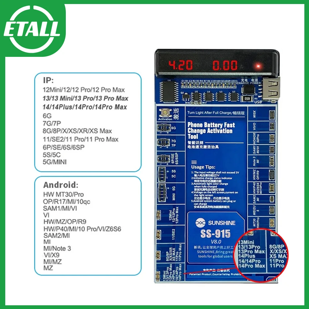

SUNSHINE SS-915 V8.0 Universal Battery Quick Charging Activation Board Test Fixture for iPhone for Android for iPhone 14/Pro/Max