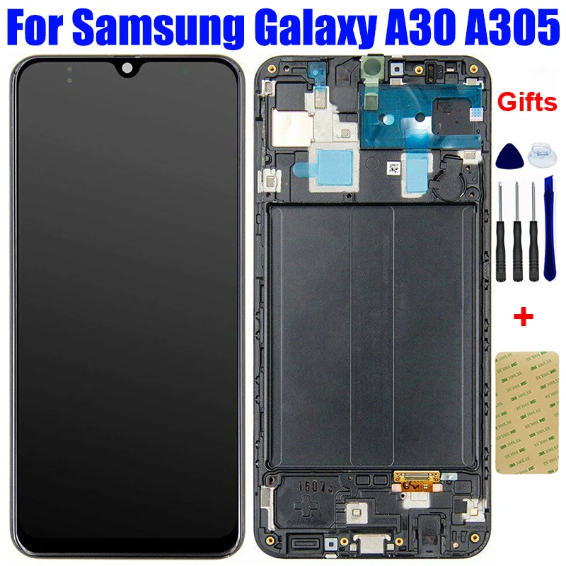 

Панель ЖК-дисплея для Samsung Galaxy A30 A305/DS A305FN A305G A305GN A305YN, матрица, сенсорный экран, дигитайзер, датчик в сборе, рамка