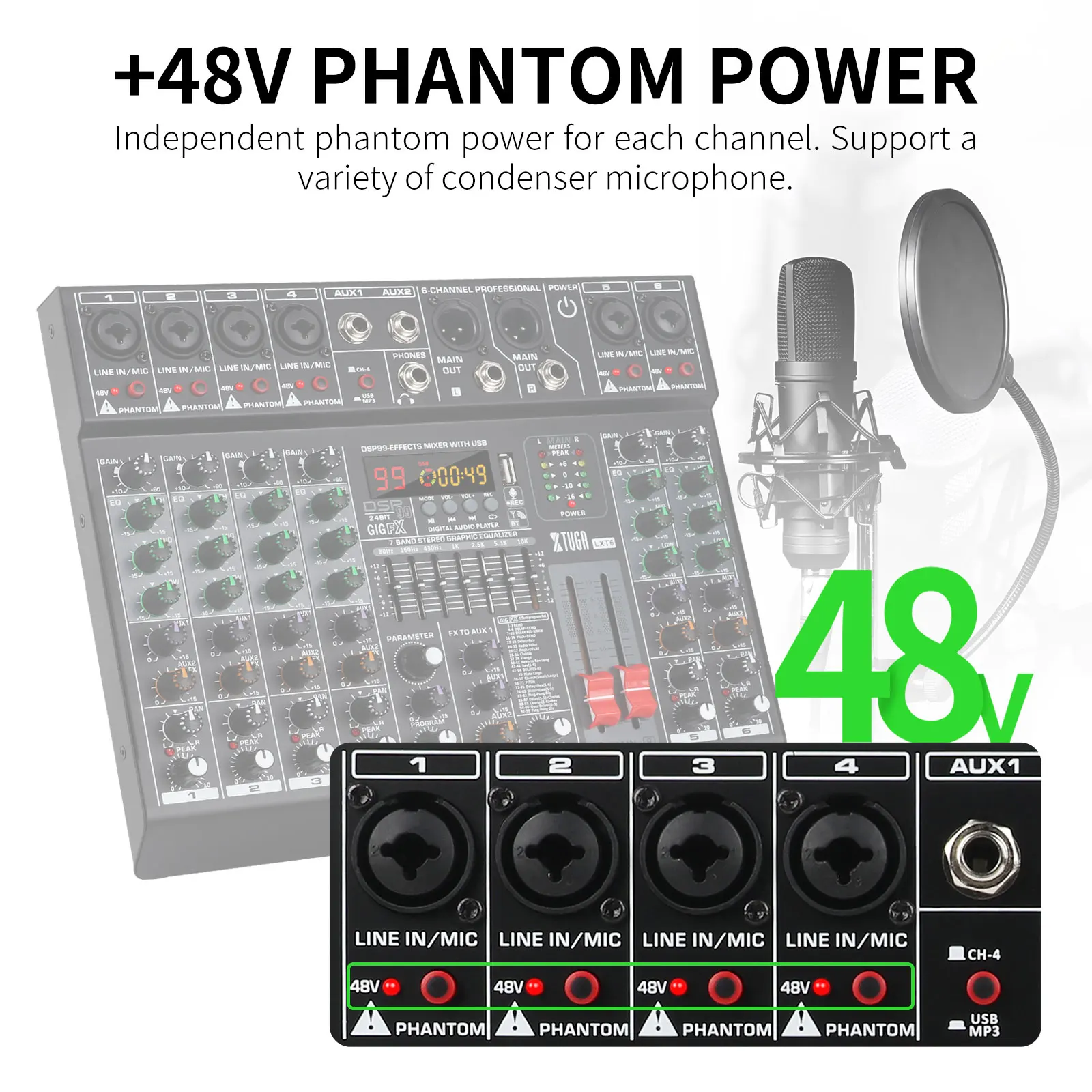 XTUGA Professional 6/8 채널 오디오 믹서, 99개 DSP 효과, 7밴드 EQ, 48V 팬텀 전원, 무대용 USB 인터페이스 녹음