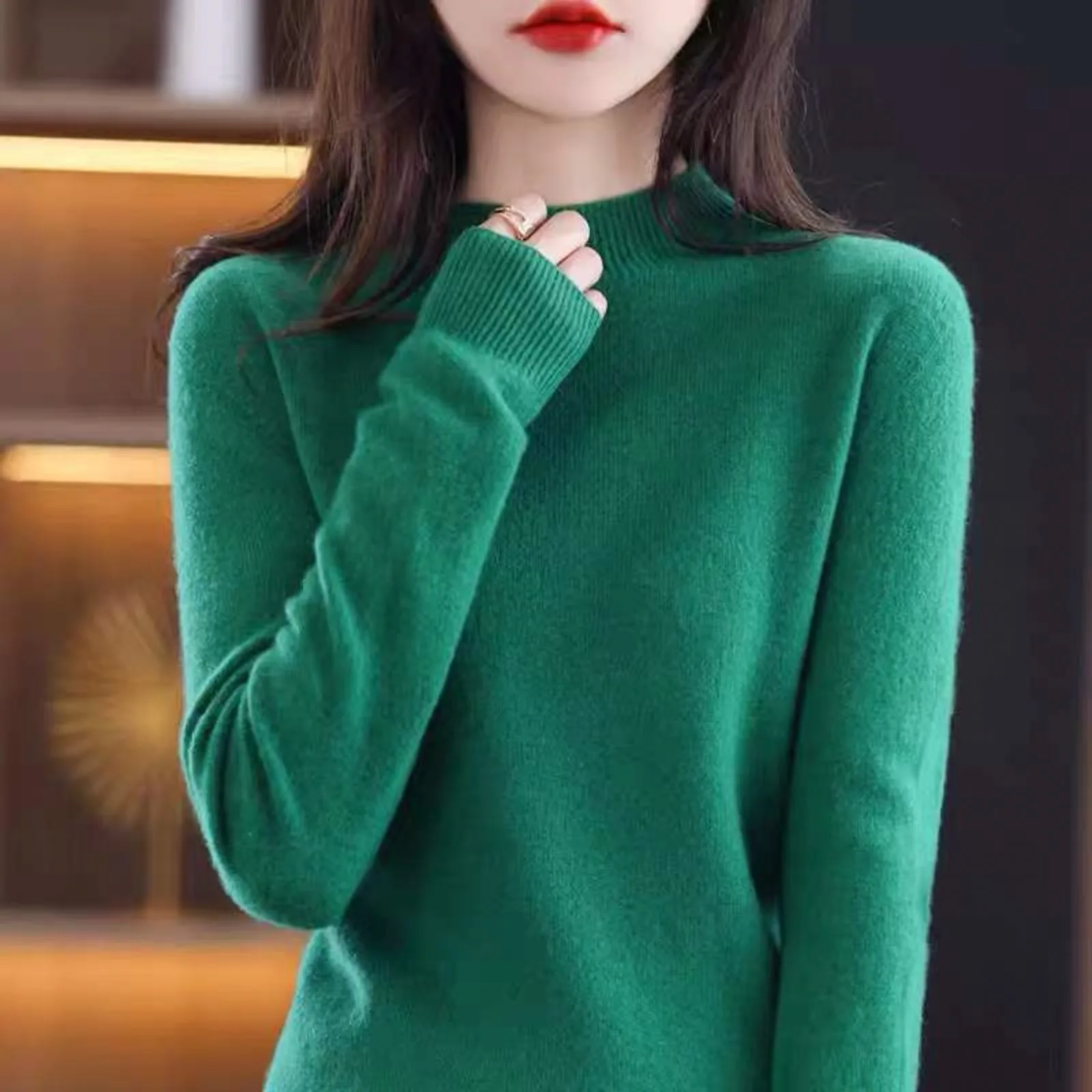 thumbnail image 1 of Suéter de cachemira de lana para otoño e invierno 2024, suéter de punto para mujer, jersey de cuello alto de manga larga, jersey cálido para otoño e invierno, 1 of 5