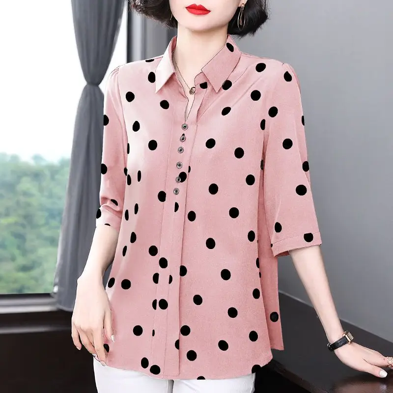 

2024 Summer Chiffone Dot Print Women Top Blouses Buttons Floral Three Quarter Sleeve Shirts Casual Streetwear Blusas S359