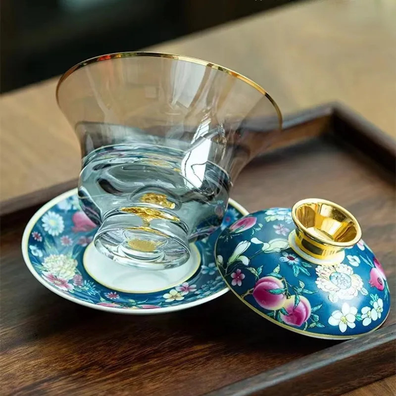 Enamel Colored Glass Gaiwan Puer Tea Bowls Crystal Tea Bowl Tureen Lid Bowl Lotus Hand Drawing Gaiwan Travel Gai Wan Cup Set