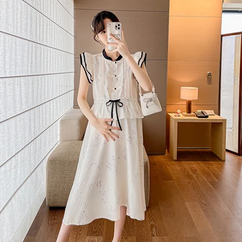 Summer Plus Size Office Lady Elegant Clothes Set Petal Sleeve Maternity Shirts+belly Skirts Twinset Pregnant Woman Formal Suits