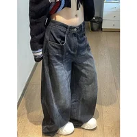 Black Womens Jeans High Waist Vintage Design Hip Hop Straight Baggy Denim Pants Street Y2K American Style Wide Leg Denim Trouser - Image 3
