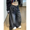 Black Womens Jeans High Waist Vintage Design Hip Hop Straight Baggy Denim Pants Street Y2K American Style Wide Leg Denim Trouser 3