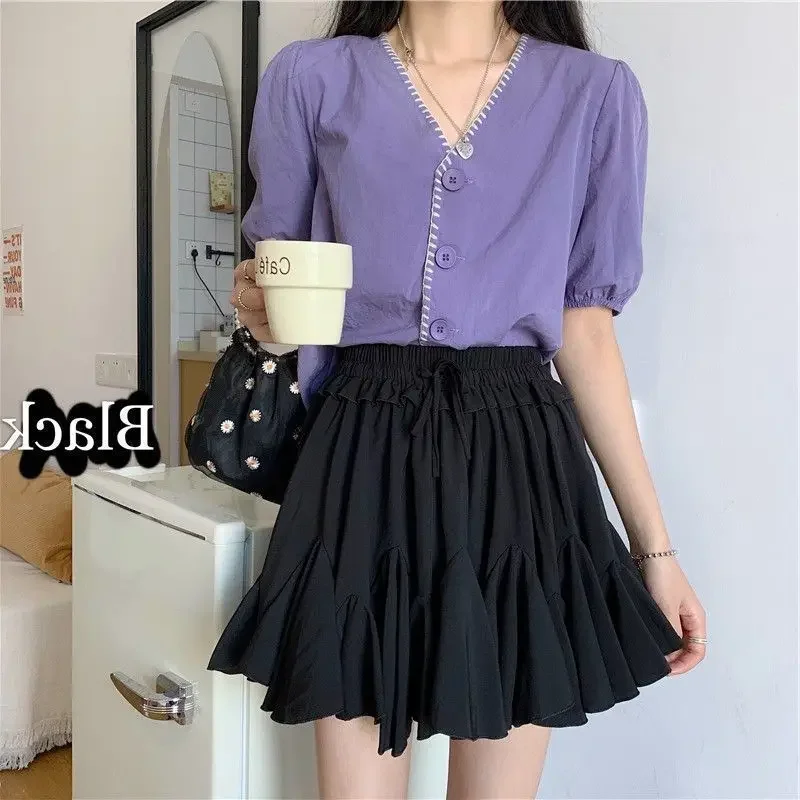 Skirts Women Sweet Chiffon Elegant Stylish Pleated Empire Elastic Waist Lace-up Ruffles A-line Ulzzang All-match Daily College