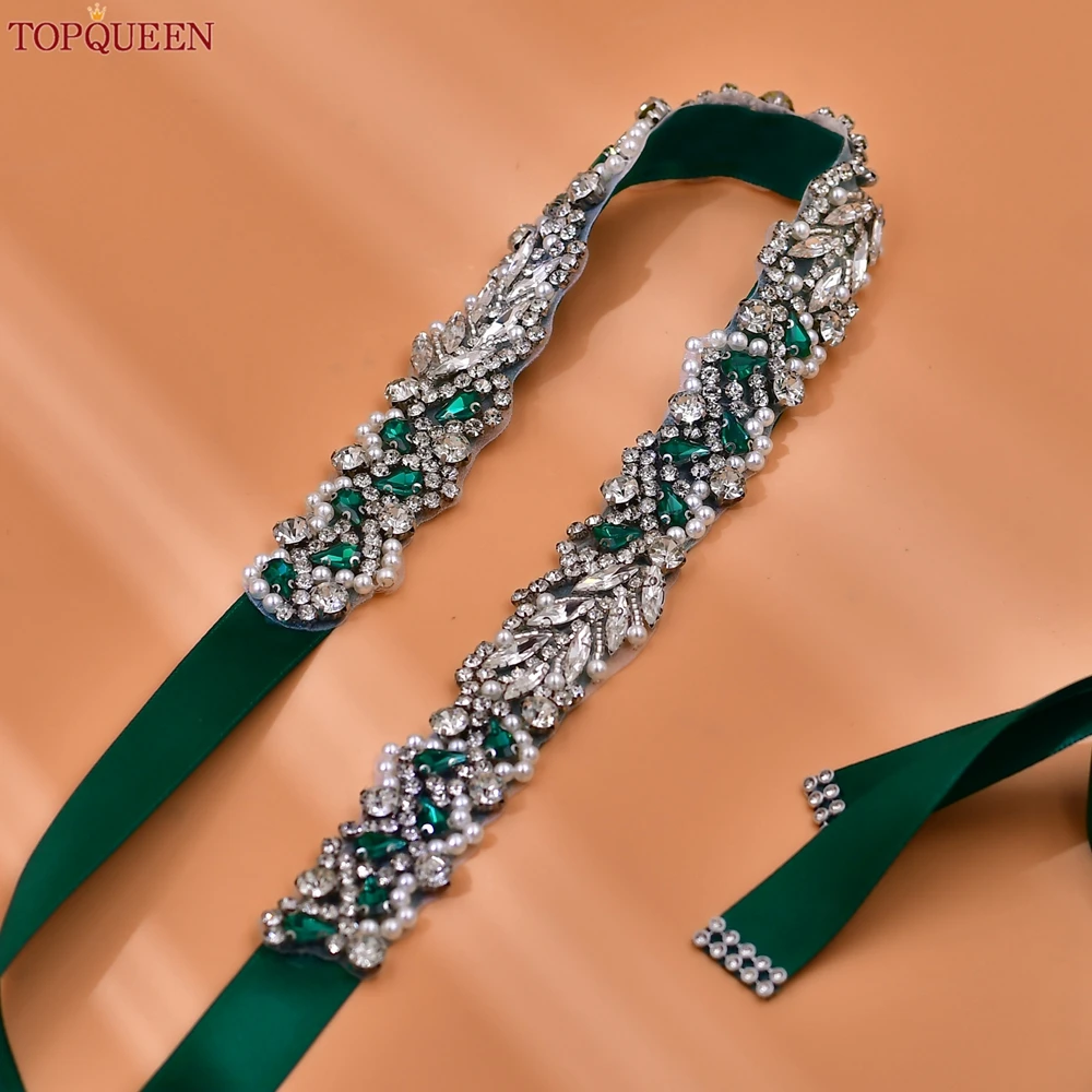 TOPQUEEN Handmade Bridal Belt Emerald Green Wedding Belt Sash Rhinestone Banquet Dress Belt Ladies Waist Decoration S100-KL TOPQUEEN Handmade Bridal Belt Emerald Green Wedding Belt Sash Rhinestone Banquet Dress Belt Ladies Waist Decoration S100-KL