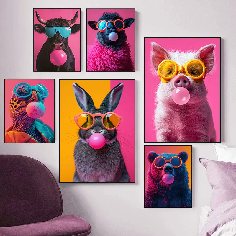 Vibrant Pink Bubblegum Animal Canvas Print - Cute Cartoon Wall Art