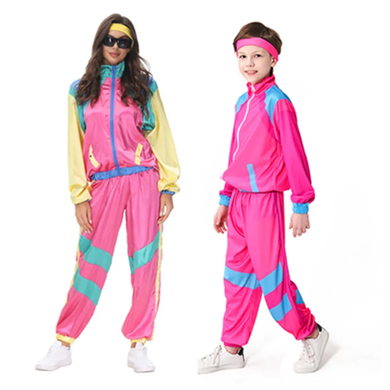 

Adult/Kid Retro 80s Hippie Disco Cosplay Costume Women Boys Sportwear Coat Pants Headband Outfits Halloween Carnival Party Suit