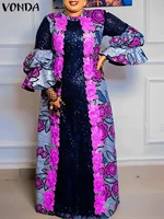 Plus Size VONDA Bohemian Vestidos Women Casual Flared Long Sleeve Maxi Dress Round Neck Loose Print Sundress Ruffles Long Robes - Image 2