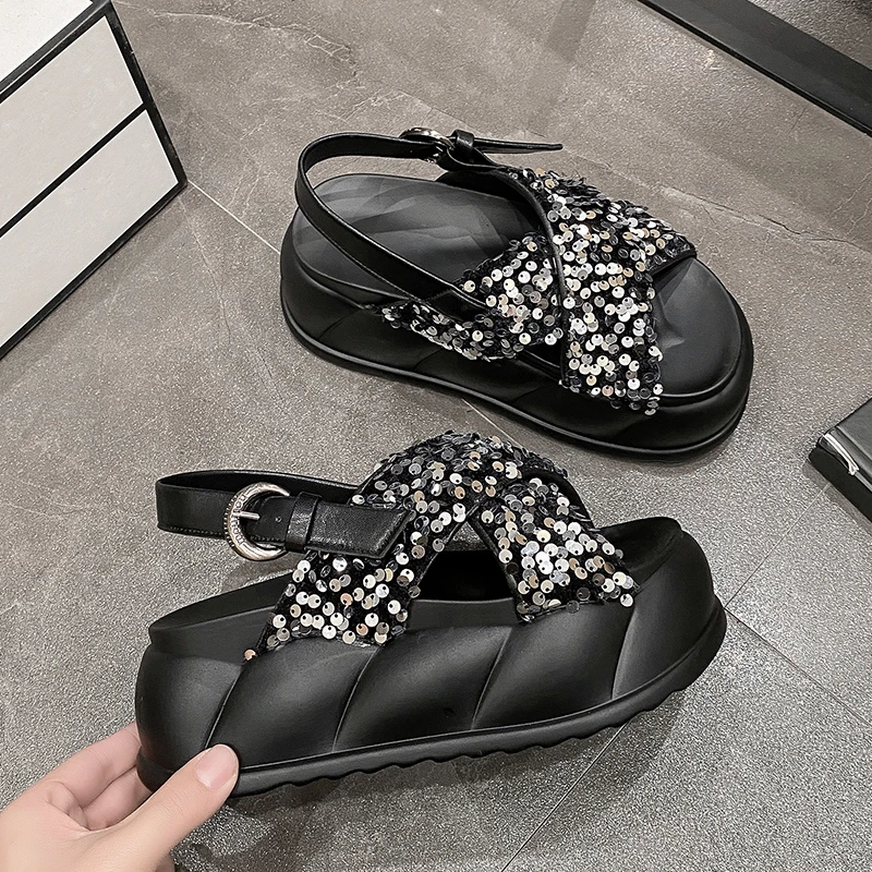 Women High Platform Bling Sandals New Summer 7CM High Heels Wedges Beach Shoes Walking Chunky Slippers Leather Sandalias Mujer