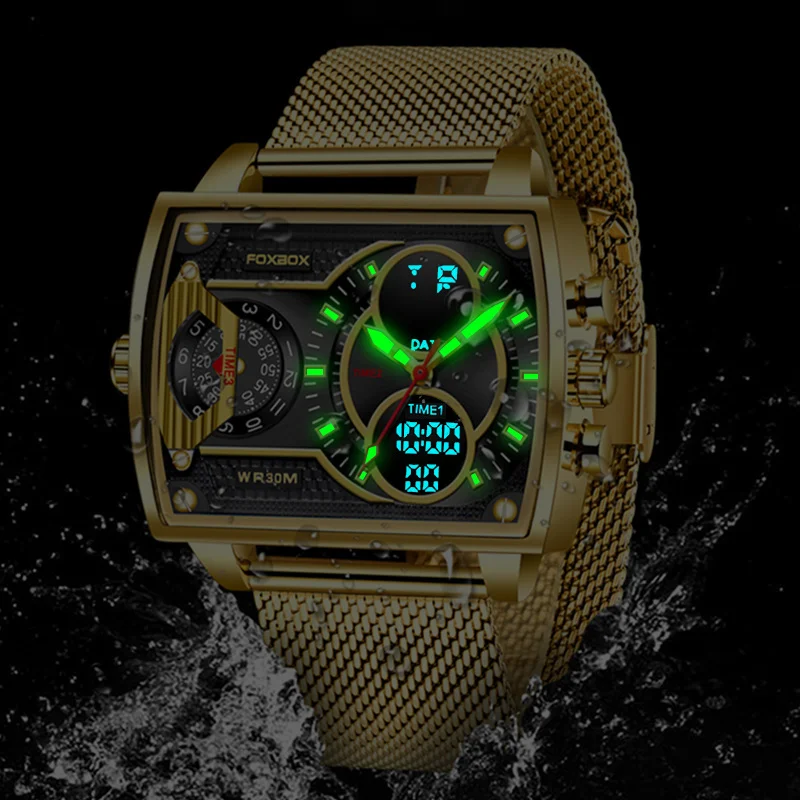 Quartz Watch For Men New Top Brand Luxury Fashion Square Watch Men Casual Sports Waterproof Double Display Watch Reloj Hombre