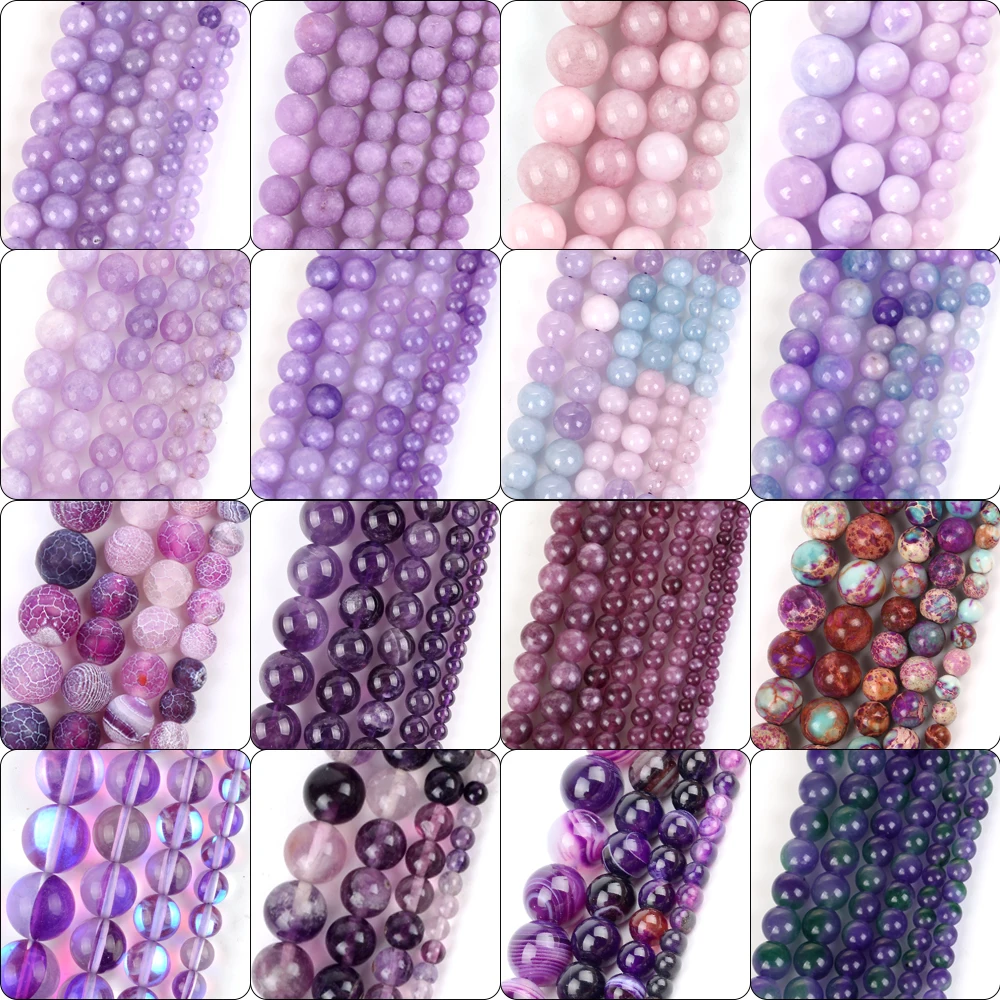 4–10 mm Lila Serie Naturstein Achate Turmalin Quarz Jade Jaspis Runde lose Perlen für Schmuckherstellung DIY Armbänder 38,1 cm