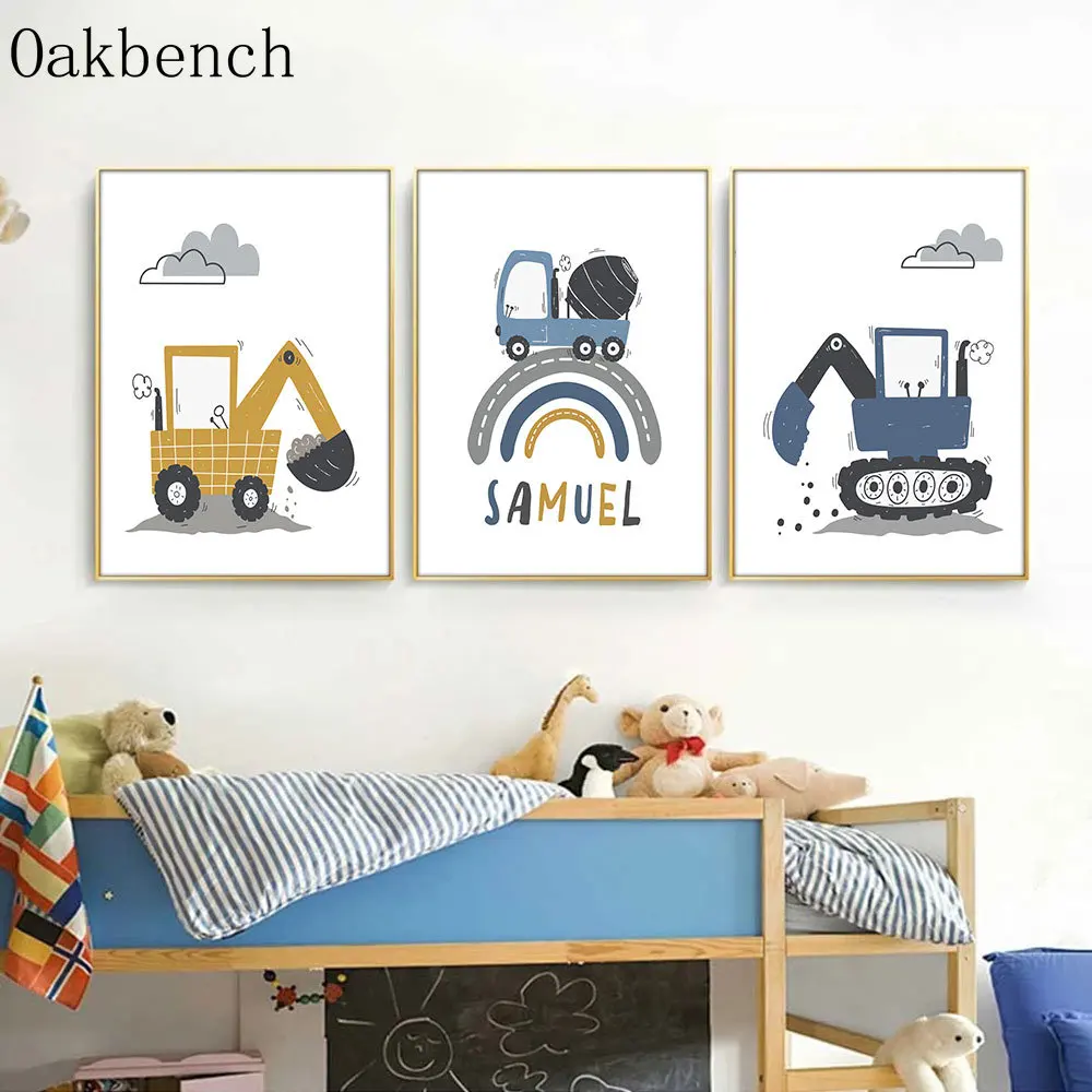 

Toys Cars Canvas Wall Art Excavator Painting Posters Rainbow Name Custom Wall Pictures Nursery Poster Child Boys Room Decoration