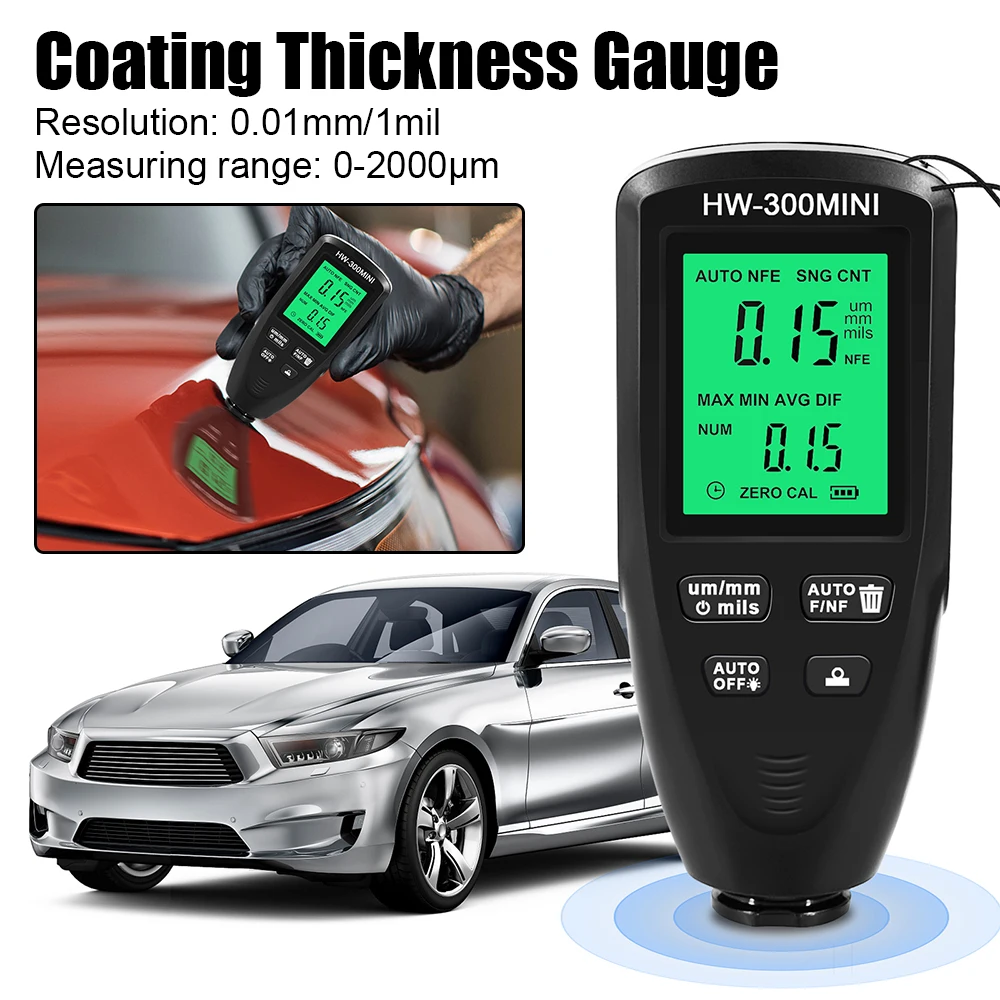 HW-300PRO Coating Thickness Gauge 0-2000um Car Paint Film Thickness Tester Instrument Tool Metal Plating Width Measuring