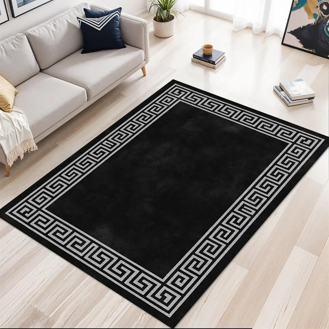 Green Greek Key Rug, Classic Meander Border Carpet For Living Room ...