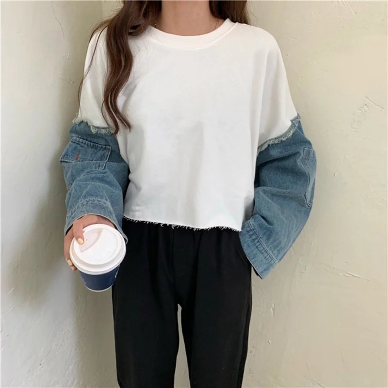 

2023 Autumn New Pattern Round Collar Long Sleeve Denim Patchwork Pullovers Streetwear Sweatshirt Women