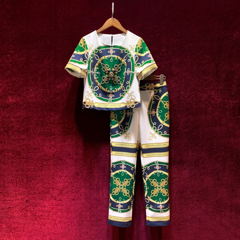 

European and American women's summer 2022 new Green printed T-shirt short sleeves beaded beads Nine minutes of pants suits