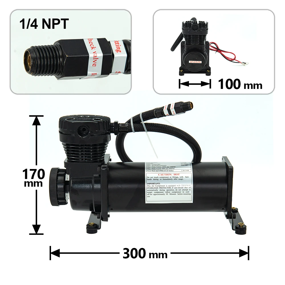 Car Air Suspension Compressor Universal DC 12V 480c MAXPOWER 200 PSI OUTLET 1/4 NPT 3/8 NPT 14ASC