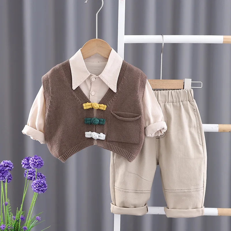 

2023 Spring Autumn 3Pcs Kid Clothing Set Baby Boys Sweater Vest Long-sleeve Shirts+Casual Pants Clothes Set Infant Children Suit