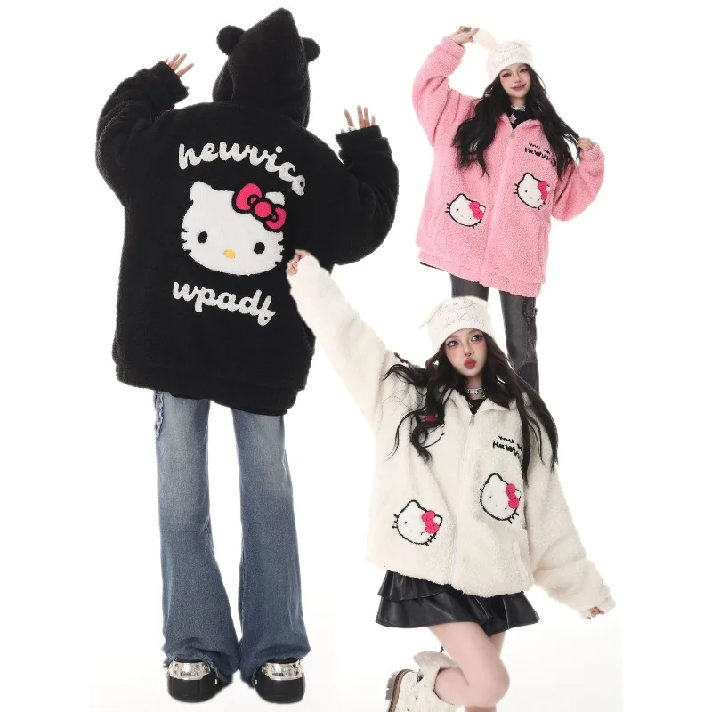

Кавайная куртка с хлопковой подкладкой Hello Kitty аниме Sanrio Милая женская повседневная куртка с вышивкой сохраняющая тепло мультяшная Милая толстовка с капюшоном Sherpa