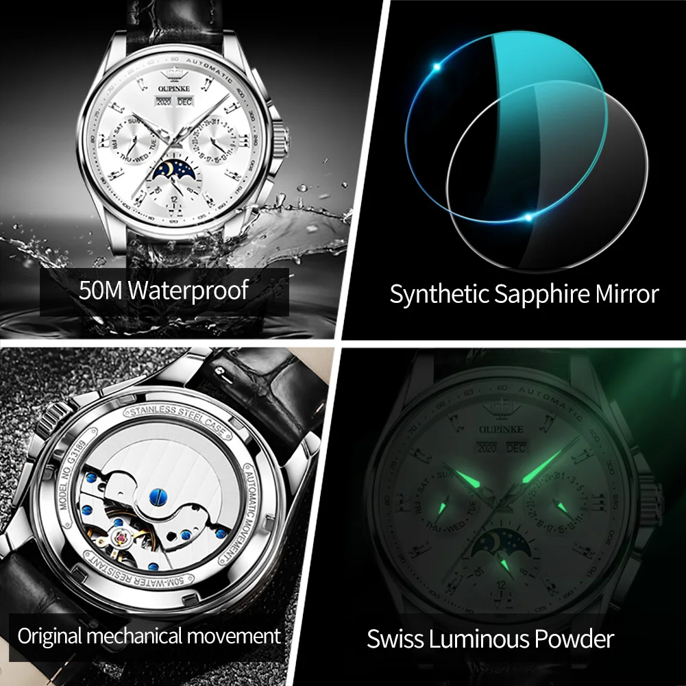 OUPINKE Original Automatic Mechanical Watch for Men Leather Waterproof Luxury Brand Moon Phase Men's Wristwatches Reloj Hombre