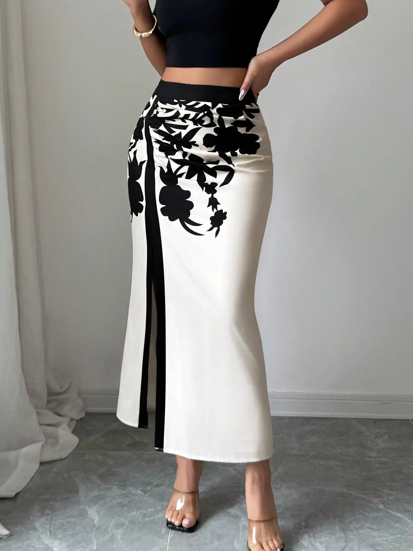Women's Black Floral Print Midi Skirt 2026 Ruched High Slit Casual Summer Skirt 3