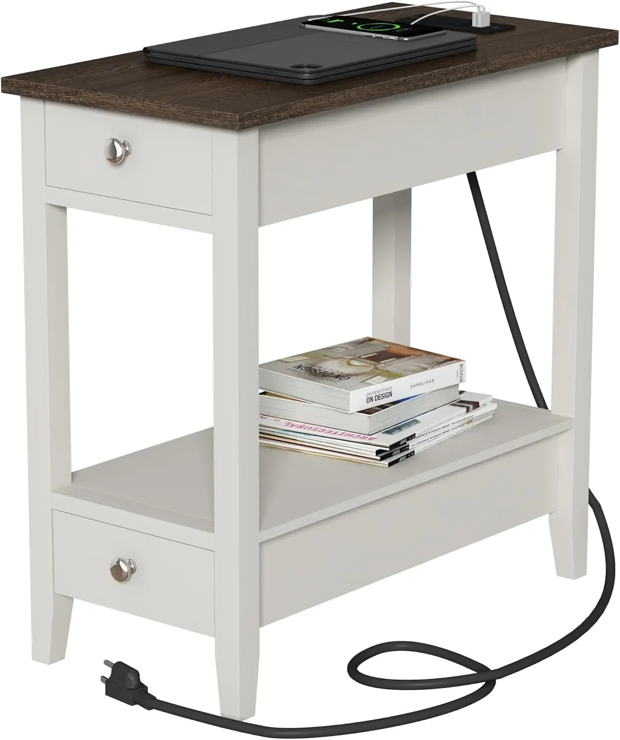 Farmhouse End Tables Living Room Set of 2, Narrow Side Table with Charging Station, White Sofa Bedside 6