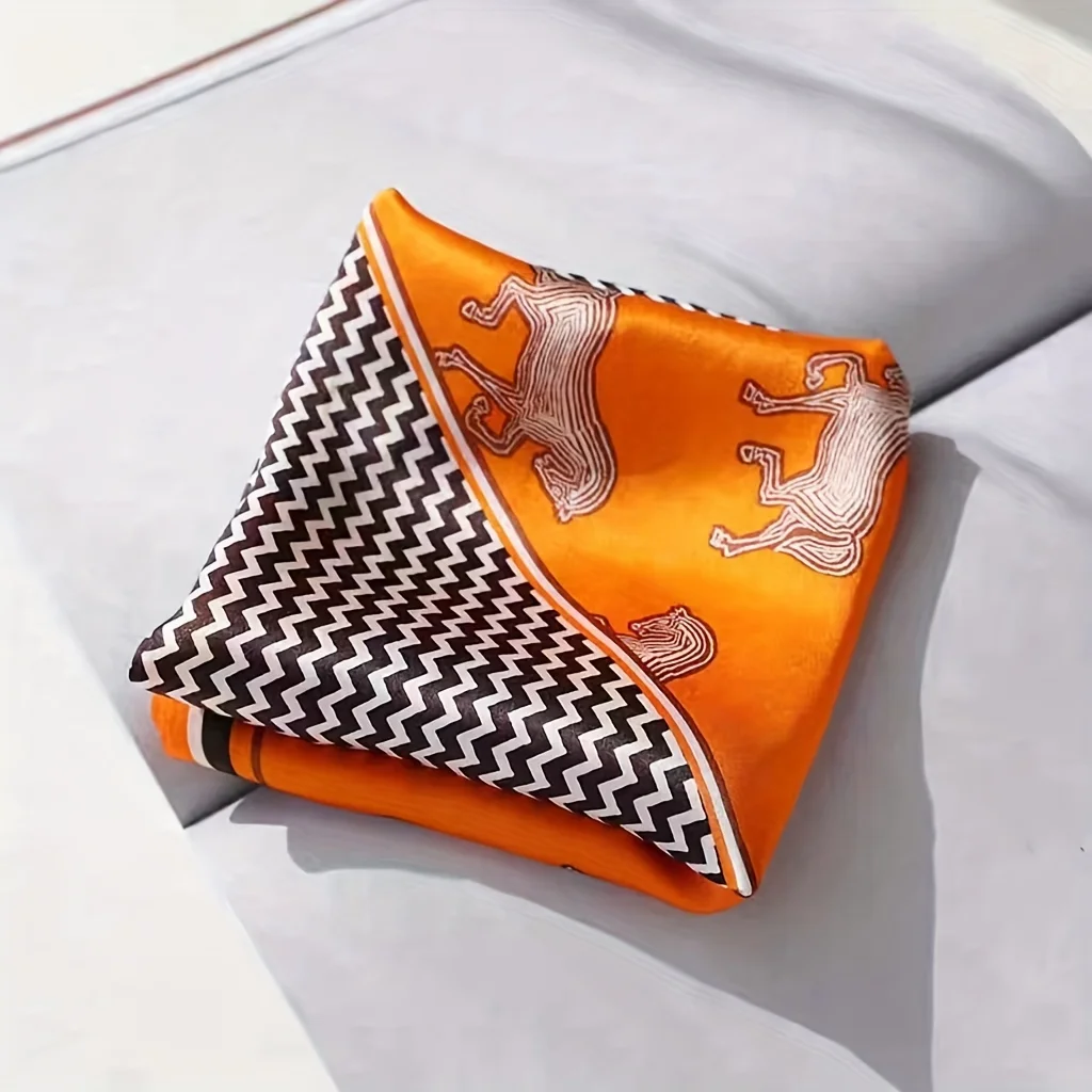 Orange Striped Horse Square Scarf Women's Natural Silk Scarf Casual Versatile Decoration Small Neck Scarf 6