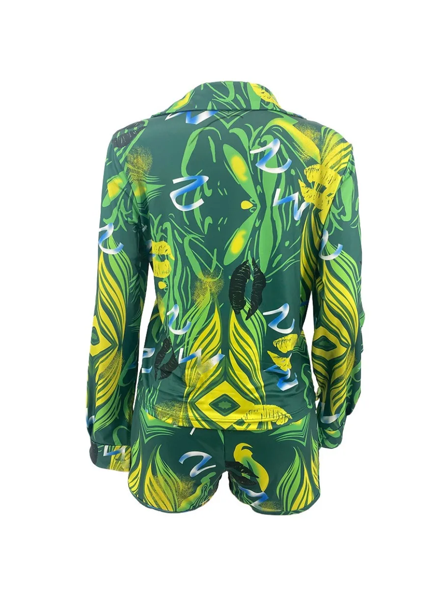 LW 턴다운 칼라 식물 립 프린트 반바지 세트, 여성용 티셔츠 반바지 세트 세트, 부드러운 여름 반바지 세트, 여성 의류