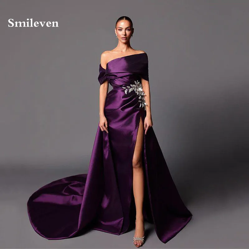 

Smileven Purple Saudi Arabia Mermaid Evening Dresses Detachable Train Mother Prom Dress High Side Split Women Party Gowns