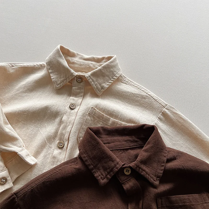 Spring Autumn Children Shirts 1-8Y Boys Cotton Pocket Solid Daily Long Sleeve Tops Korean Kids Wear Toddler Clothing New