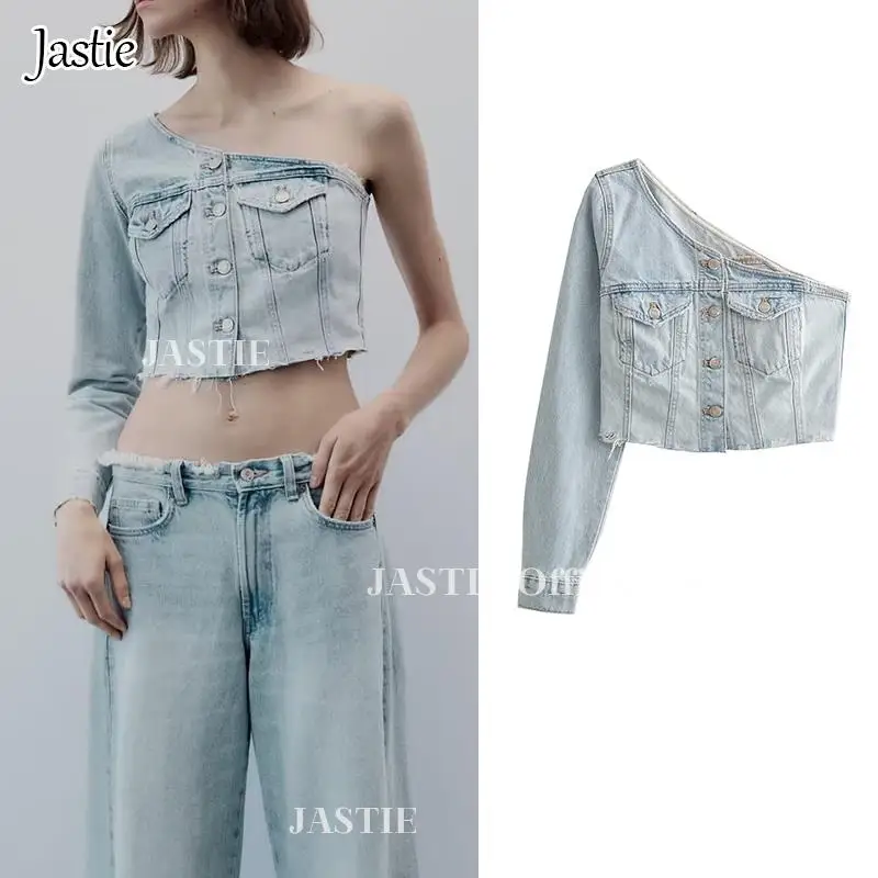 

Jastie Women's Shirt Top Autumn 2023 New Chic Denim Blouses Diagonal Collar Joker Elegant Shirts Street Youth Fashion Slim Tops