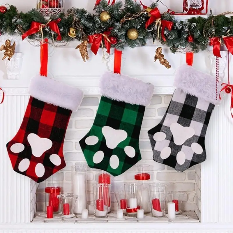 40ja Weihnachten süß für Katzenpfoten Plaid Stocking Anhänger Baumdekor Gefüllte Geschenkverpackung für Kinder Süßigkeiten – Detail 8