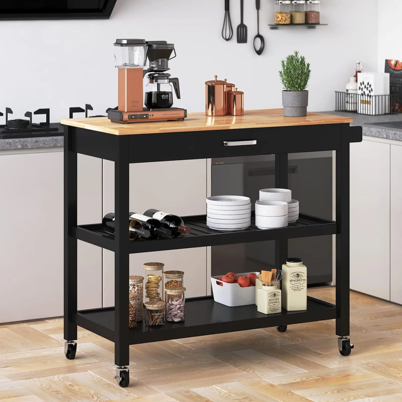 

41.3 inch Kitchen Island Wheeler, Mobile Roller Car with Drawers & Shelves-