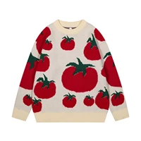 Japanese Fashion Knitwears Y2k Autumn and Winter Tomato Embroidery Knitted Sweater Men's Women's Round Neck Cartoon Jumpers 1