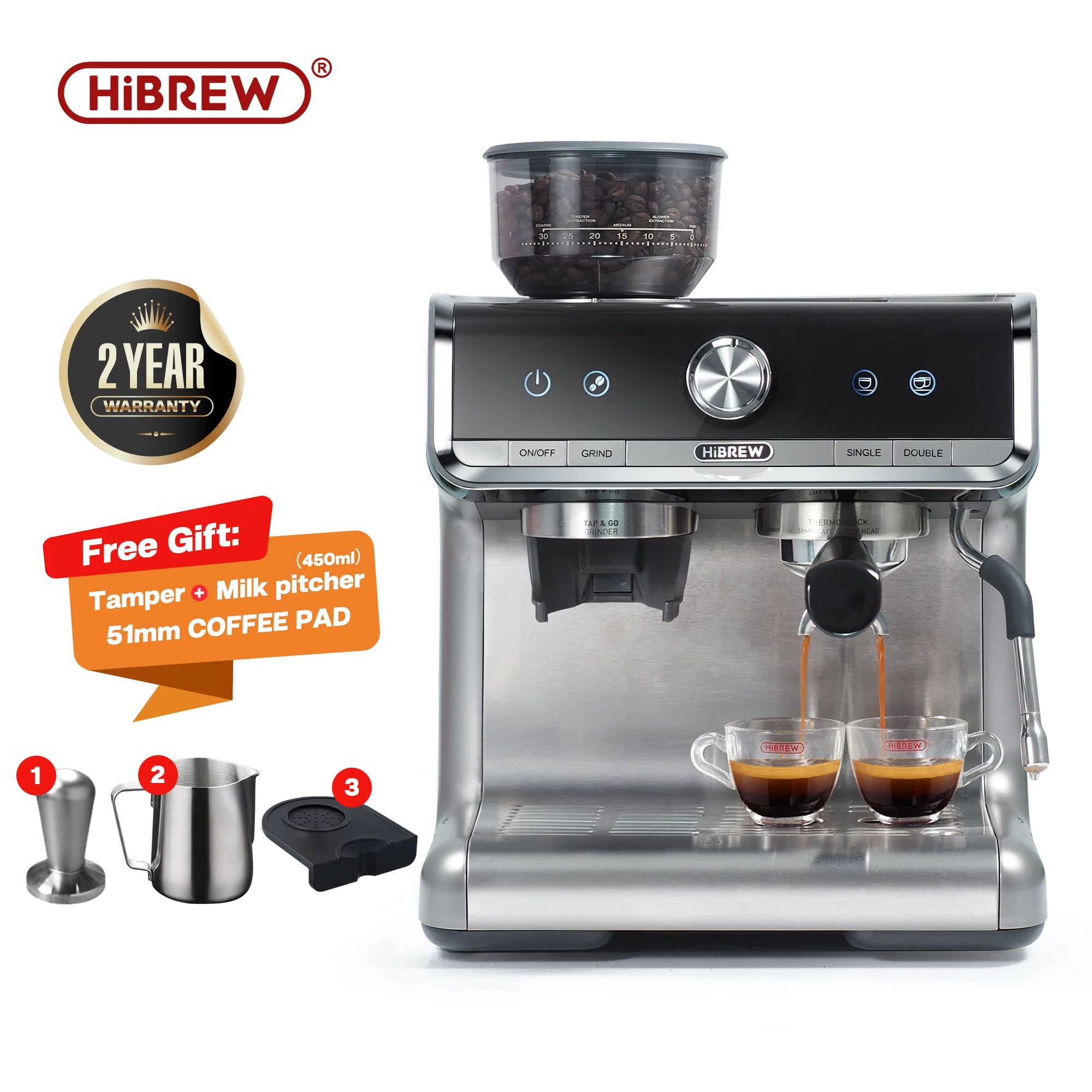 HiBREW-molinillo cónico Barista Pro de 19Bar, máquina de café de grano a  café, máquina de Espresso comercial para el hogar, cafetería, Hotel y  restaurante