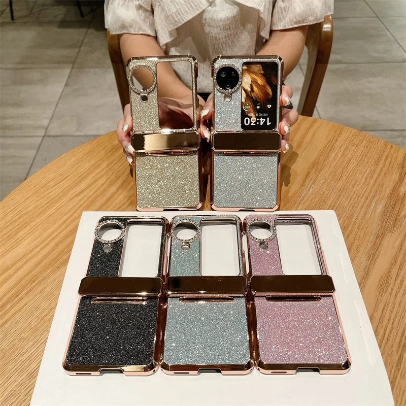 Rhinestone Glitter Bling Pu Leather Trim Phone Case For OPPO Find N3 Flip Hinge Plating Plastic Back Cover