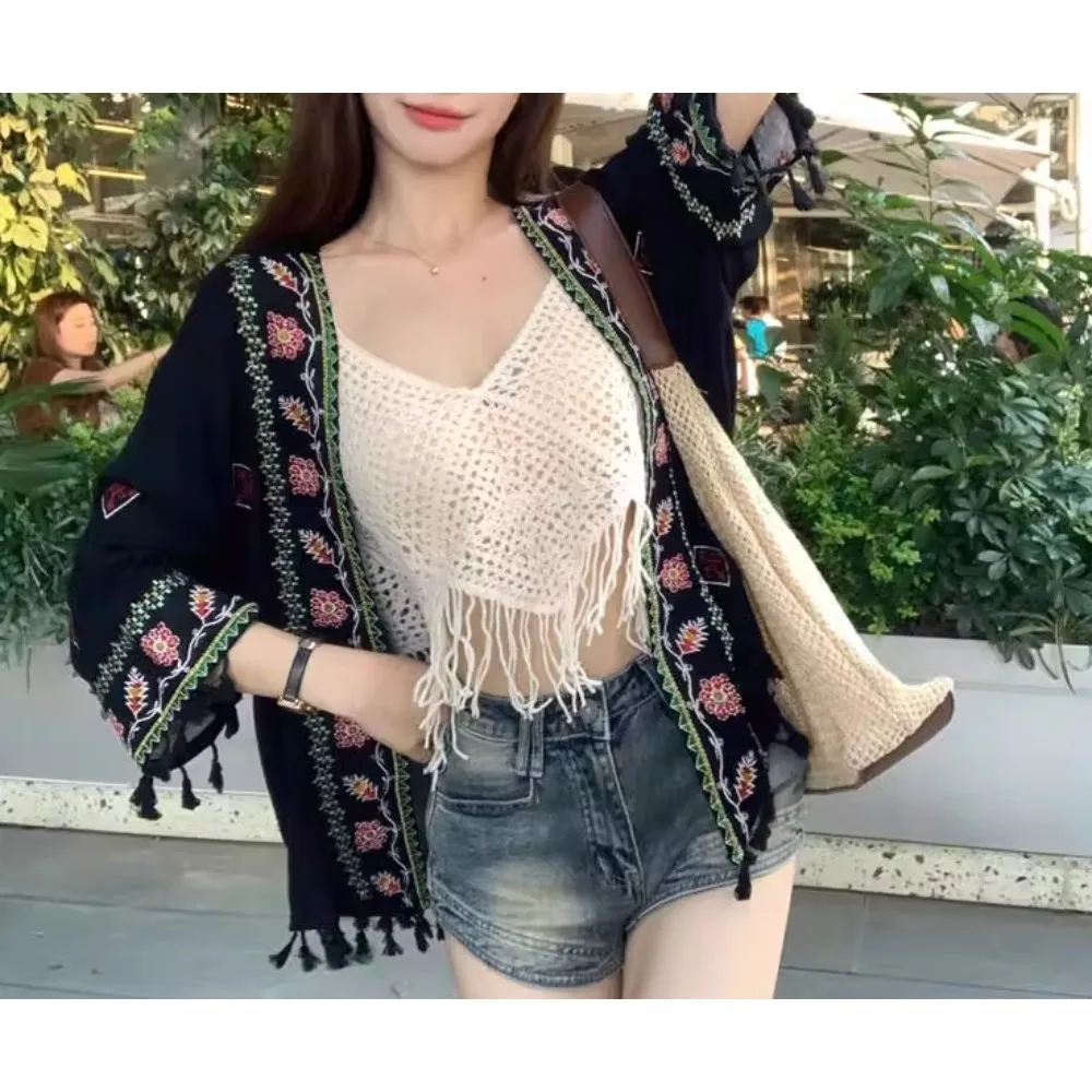 Sexy Boho Tassel Embroidery Sheer Loose Beach Cover Up Casual Cover-ups Vacation Beach Dress Beach Wear Beachwear Female Women 6