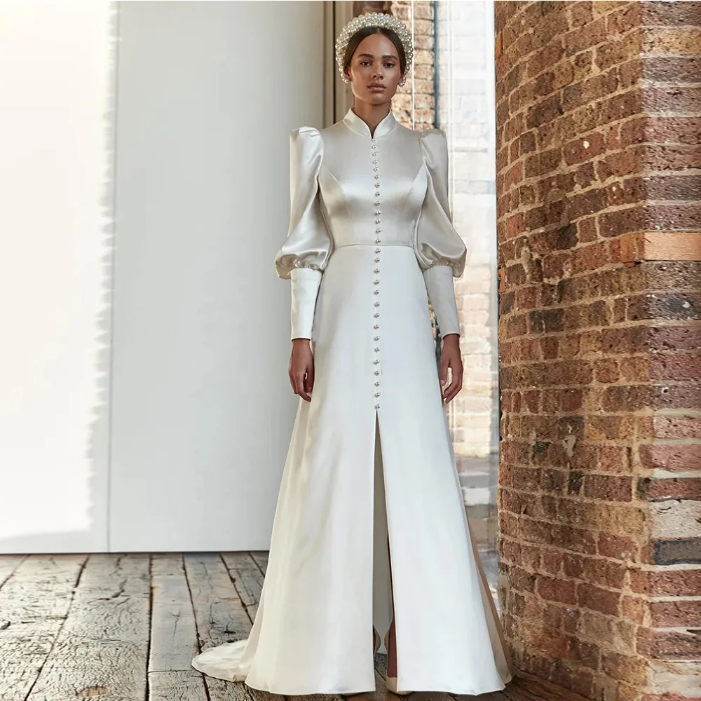 Muslim Ivory A-line Wedding Dresses O-Neck Floor Length Applique Lace Full Draped Pleat Tulle Brideing Dresses robe de mariée 4