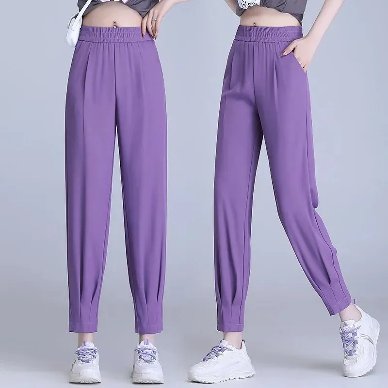 

Summer New 2023The Thin Ice Silk Harem Pants Women For Slim Versatile Trousers Ladies They Are Nine-Leg Casual Sweatpants Female