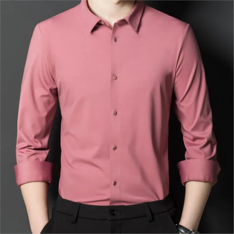 Men's Business Shirt Stretchy Silky Long Sleeve Dress Without Pocket Wrinkle Free Soft Casual Slim Fit Male Clothes