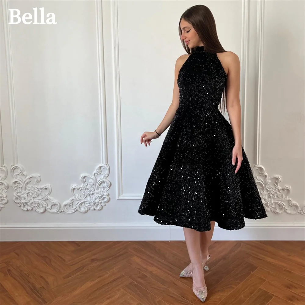 

Bella Black Knee-Length Glitter فساتين السهرة High Neck A-line Prom Dresses Elegant Sleeveless Shiny Sequins Formal Evening 2024