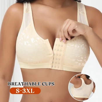 Reggiseno da donna con chiusura frontale in pizzo, senza ferretto, con spalline larghe, supporto push-up, regolabile, traspirante, modellante, lingerie