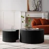 Black Round Coffee Table Set of 2, Modern Drum Coffee Tables with Moon Side Tables Set Wooden Nesting Coffee Table with Fluted 1