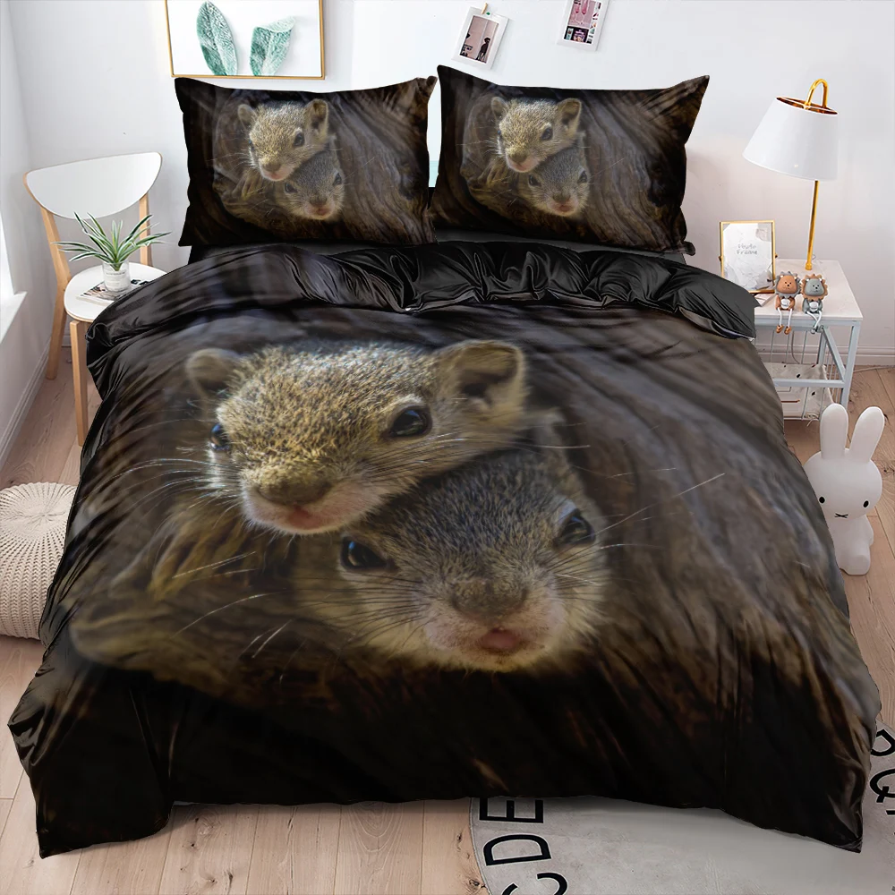 Soft Duvet CoverPillow Shames King Queen Size for Kids Teens Boys Squirrel Funny Animal 2/3pcs Bedding Set Black Uni