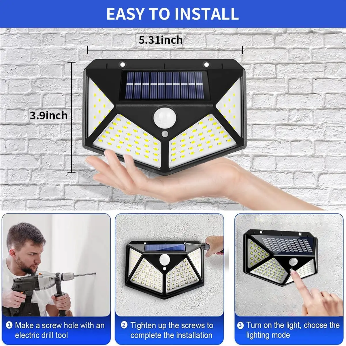 Solar Wall Lights Outdoor 3 Modes Motion Sensor Lights 100 LED Solar Lights IP65 Waterproof for Front Door Garage Deck