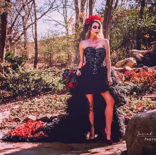 

Black Gothic Wedding Dresses A-line Sweetheart Organgza Ruffles High Low Wedding Gown Bridal Dresses Vestidos De Novia