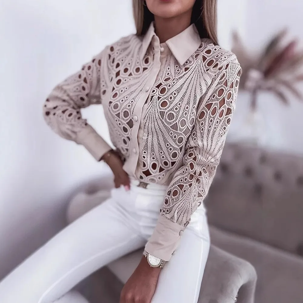 New Fashion Lace Hollow Long Sleeve Shirt For Women 2025 Spring Autumn Elegant Office Lady Blouse And Tops Casual Button Shirts New Fashion Lace Hollow Long Sleeve Shirt For Women 2025 Spring Autumn Elegant Office Lady Blouse And Tops Casual Button Shirts